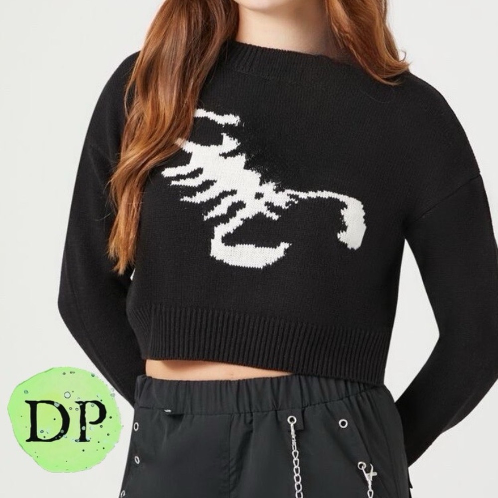 Scorpion Intarsia Sweater Crop Scorpio Knit Top Black White Goth Whimsigoth